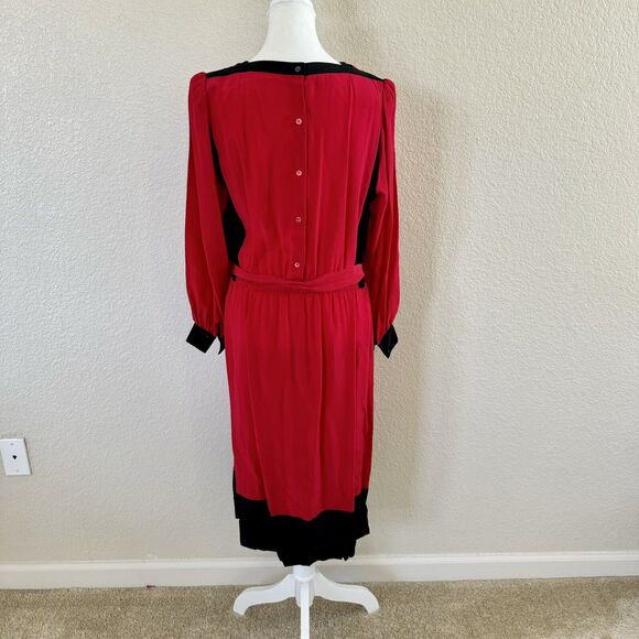 Vintage Horchow Sz 12 Dress 100% Silk Red With Black Accents Drop Waist Sh Pads - Picture 8 of 16